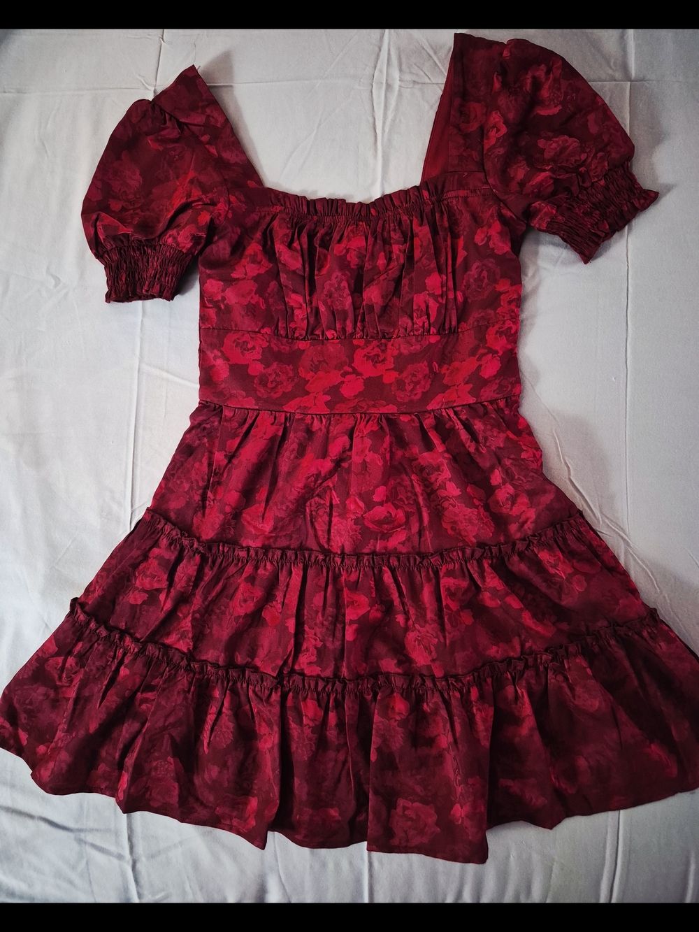 Altar'd State Deep Red Floral Puff-Sleeve Tiered Midi Dress